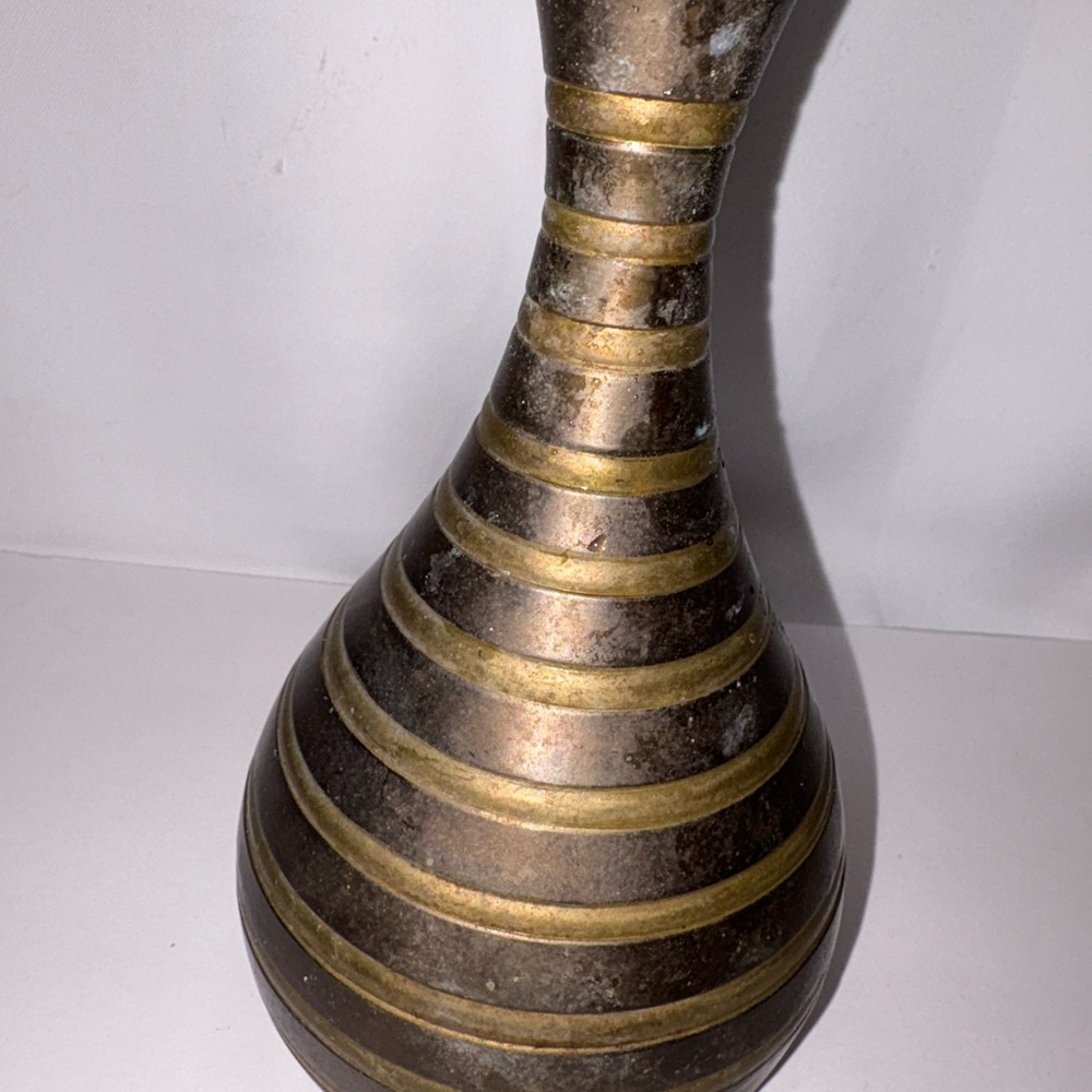 Vintage Elegant Gold and Brown Striped Metal Vase